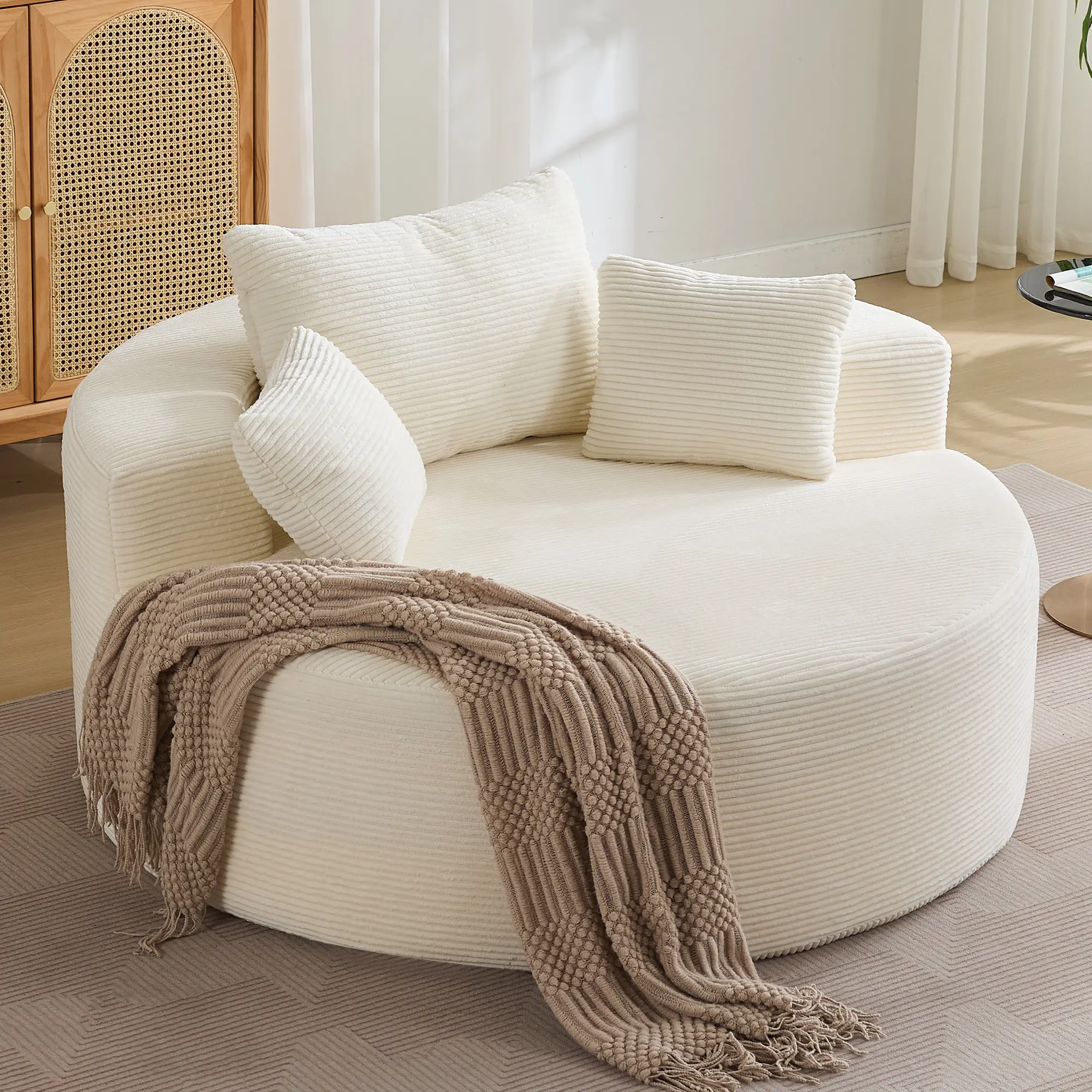 55''Oversized Round Boneless Chaise Lounge Chair,Corduroy Modern Floor Sofa Deep Seat, Compressed Circle Comfy Barrel Chair, No Assembly Sleeper Cloud Sofa Couch Bed for Living Room, Bedroom