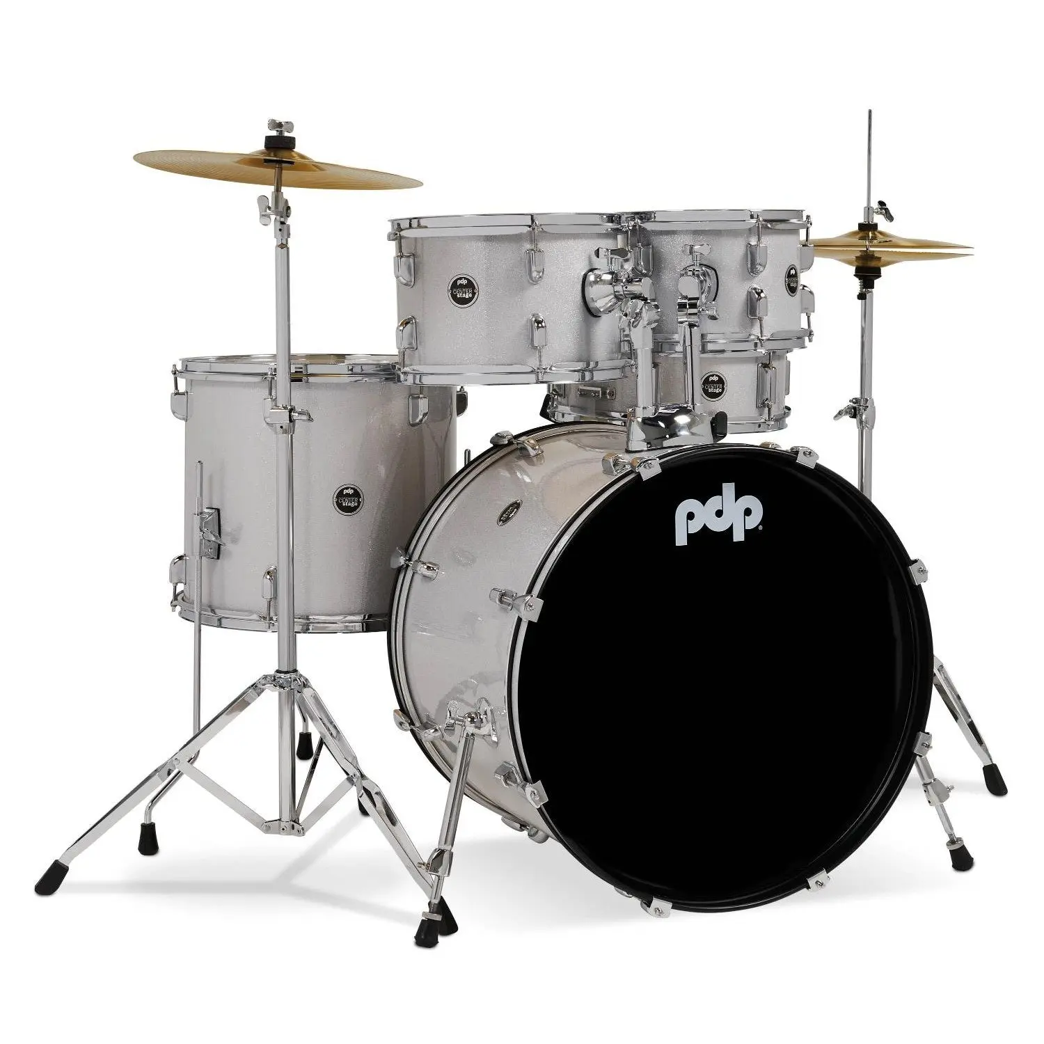 PDP CenterStage 5pc Complete Rock Drum Set Diamond White Sparkle w/Hw & Cymbals