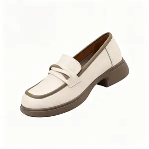 Cream Beige Two-Tone Chunky Loafers for Women Classic Slip-On Low Block Heel Business Casual Work Shoes