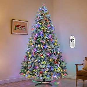 Decoway 6.5/7.5/9ft Green Pre-lit Artificial Christmas Tree with Pine Cones and Metal Stand for Xmas Indoor Decoration Collapsible