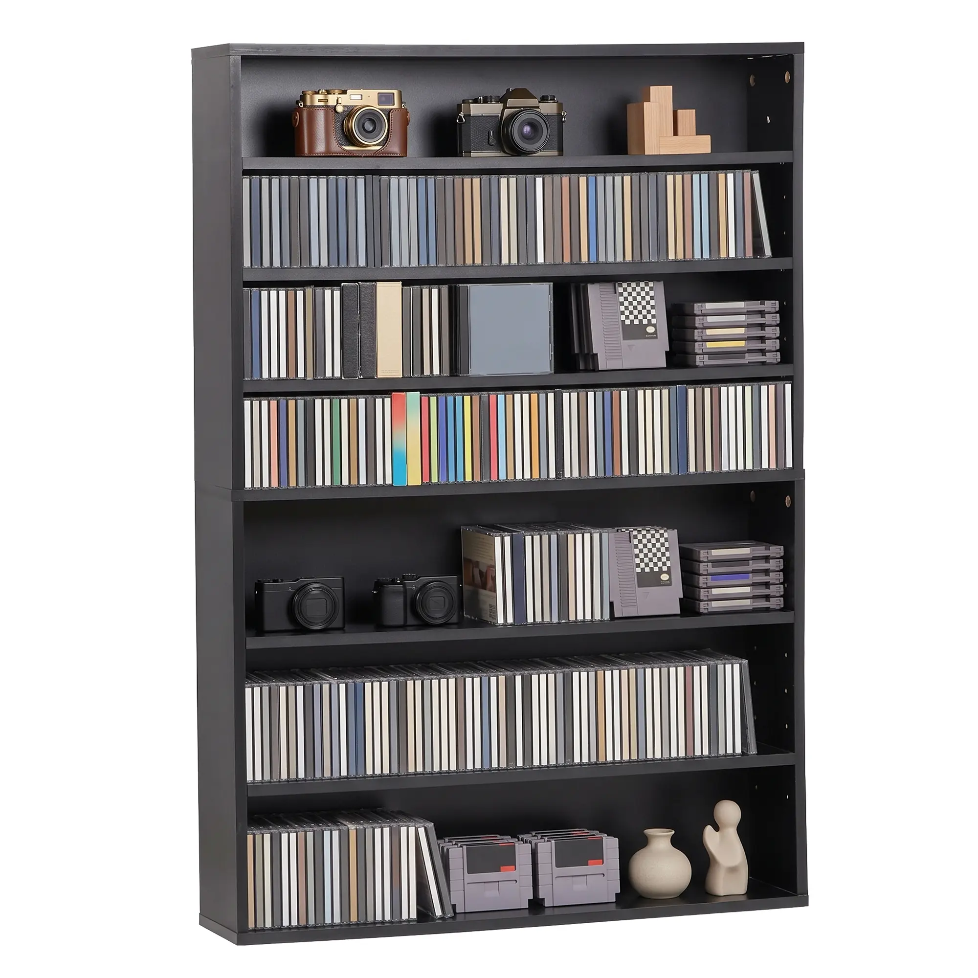 ZENY Wooden Media Storage Cabinet - 7-Tier Adjustable Open Shelf Bookcase, 31.5x7.6x45.5in Display Rack for CD, Movies, Shelf for Bedroom, Home Office, Black