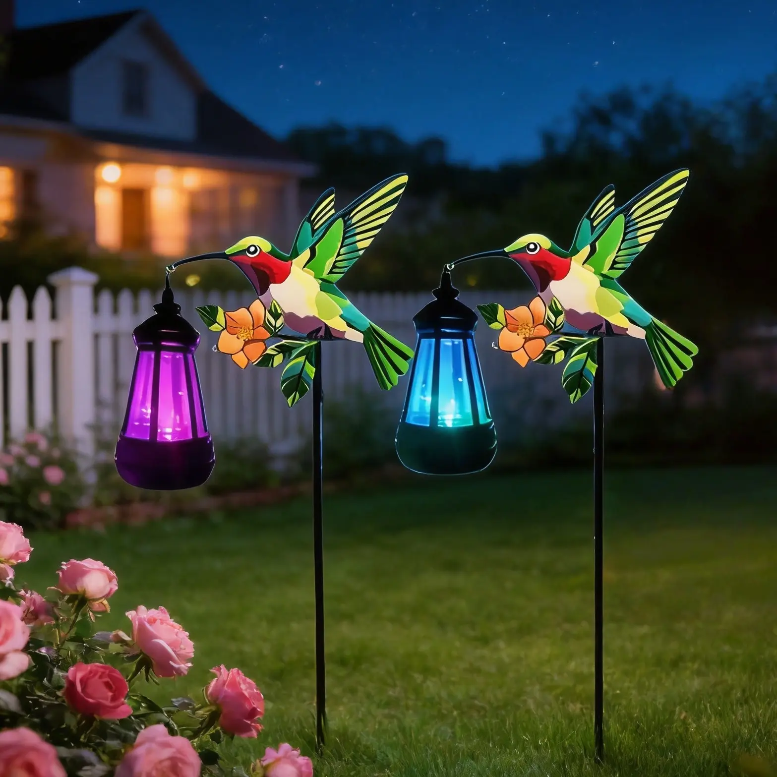 2-Piece Halloween Hummingbird Solar Garden Stake Lights with Lantern - Outdoor Waterproof Patio Garden Decor, Gifts for Women (Mom, Grandma, Daughter),    Solar lights outdoor waterproof