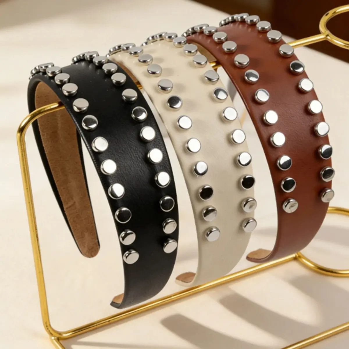 Studded Leather Headbands for Women, Punk Metal Rivet Hair Hoops, Vintage Wide Hair Accessories for Daily Streetwear and Party