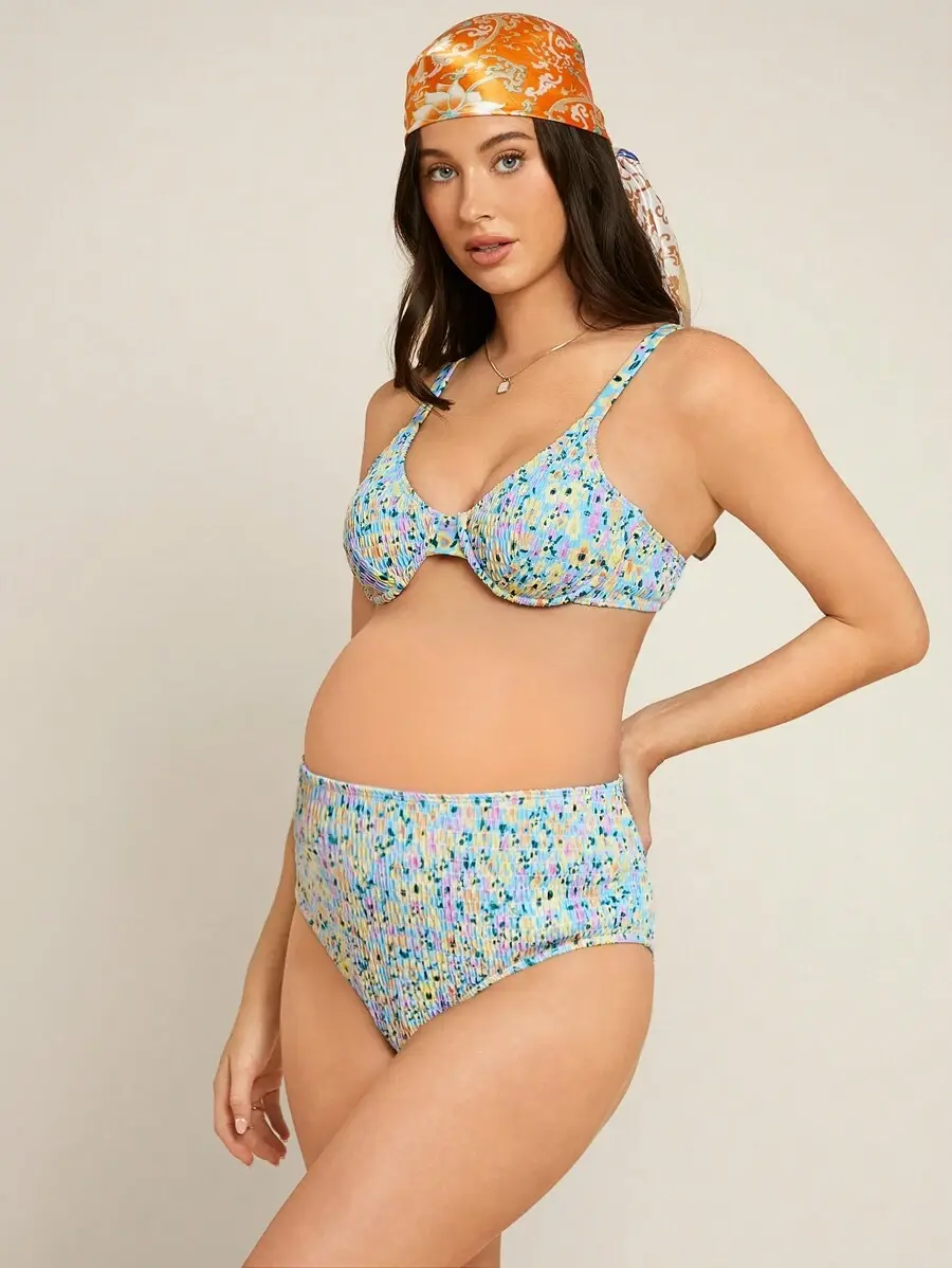 SAMT Maternity Ditsy Floral Shirred Bikini Set - Drawstring Side Slim Fit 2 Piece Maternity Swimwear for Beach Vacation Summer
