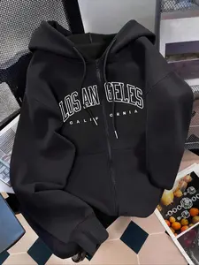 Women's Los Angeles Letter Print Long Sleeve Hooded Sweatshirt, Casual Loose-Fitting Pullover with Drawstring Pocket, Fall Winter Fashion