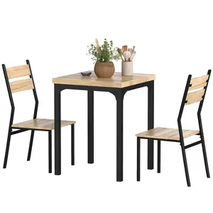 Light wood grain 3 piece dining table set with high back stools for two person breakfast nook daily use