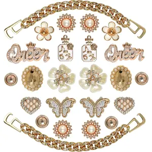 Bling Shoe Charms for Girls and Women, Girly Gold Shoe Charms for Crocs, 24 count Glitter Shoe Charms Bulk, Shoe Chains Shoe Pins, Shoe Accessories, Rhinestones Shoe Decoration