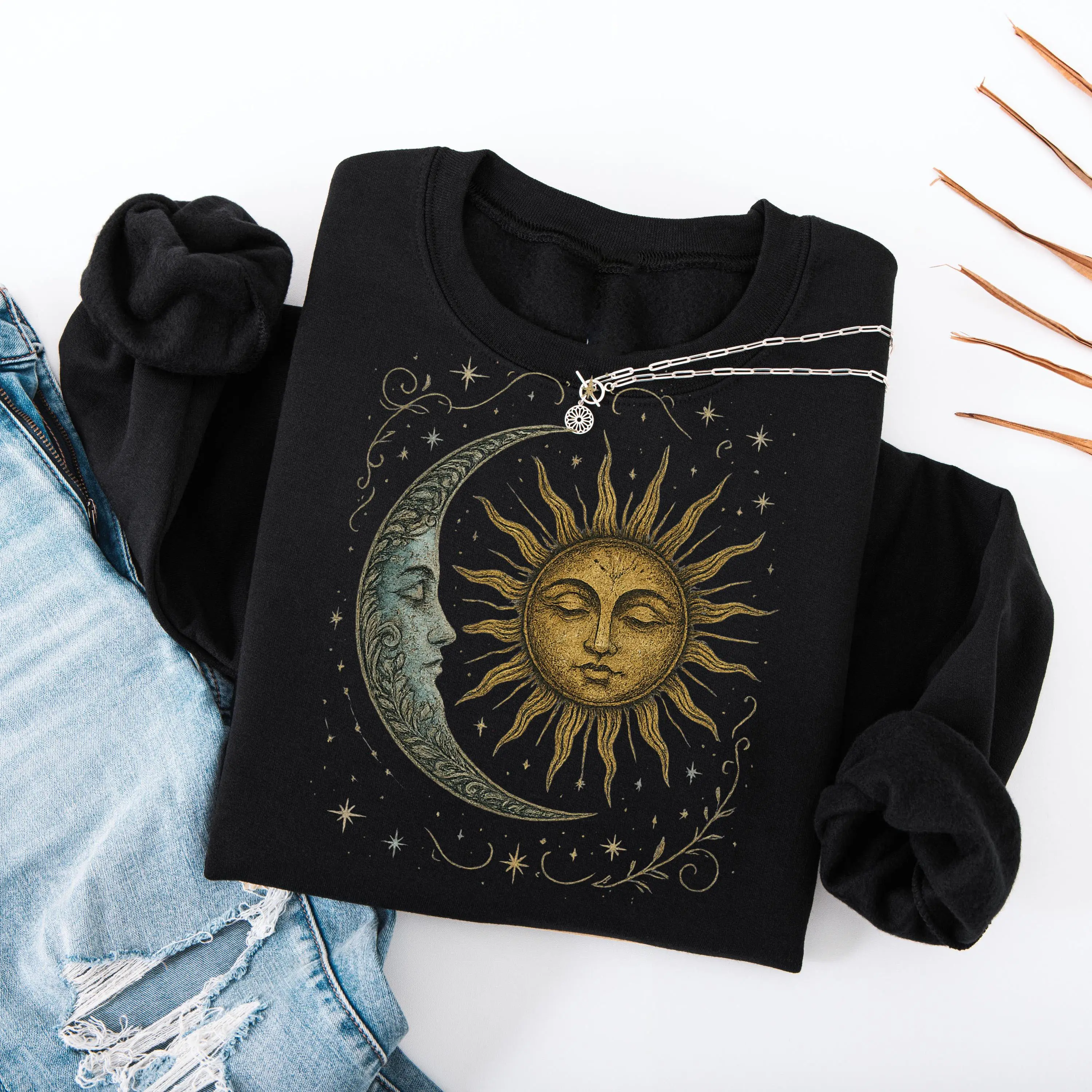 Bohemian Sun & Moon Floral Hippie Sweatshirt, Celestial Spiritual Shirt, Retro Hippy Design Sweatshirt, Autumn Fall Season Gift