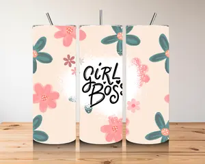 Girl Boss Floral Tumbler - 20 oz Insulated Empowerment Cup with Straw Bottled Steel Bottle Sturdy Drinkware Portable Reusable Mug Stainless Stylish Washable Water Bottles