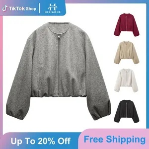 Womens Cropped Bomber Jacket Casual Zip Up Varsity Jackets Trendy Outwear Coats with Welt Pockets