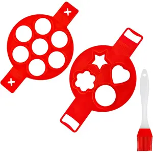 2Pcs Red Flip Cooker Pancakes Mold - Silicone Pancake Molds 7 Circles and 4 Different Shaped Reusable Non Stick Egg Mold Ring pancake Maker kitchenware (with Brush) - Home Improvement.