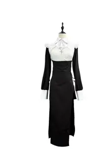 Dark Ascetic Nun Costume Black Velvet High-slit Long Dress Adult Cosplay Clothing Ruffled Trim Sheer Head Veil with Delicate Cross Decoration  Soft Velvet Material Halloween Role Play Themed Party