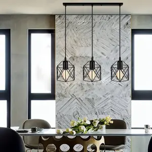 Vintage Industrial Style Three-Arm Iron Geometric Cutout Pendant Light, Indoor Lighting, Modern Frame, Suitable for Dining Room, Home Decor, Office