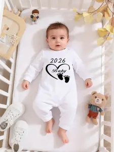Baby One-Piece Pants Casual Polyester Knit Newborn Jumpsuit, Welcome 2026 Print Design, Suitable for Autumn Winter Outdoor Wear, Infant Toddler Clothes