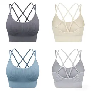 Women's Strapless Seamless Ribbed Wireless Sports Bra - Criss Cross Back, Removable Pads, Solid Colors - Comfy Support for Gym Workouts, Daily Wear Activewear Crop Top