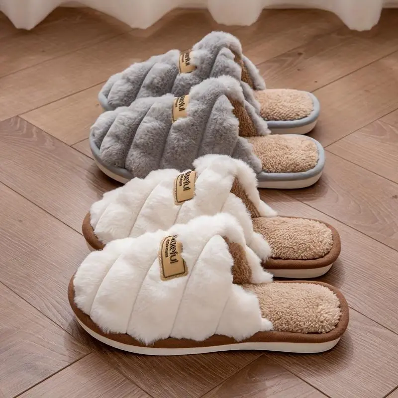 New(New)[Trusted] Cozy Plaid Colorblock Slippers for Men & Women - Warm, Non-Slip Indoor Home Shoes with Soft Faux Rabbit Lining