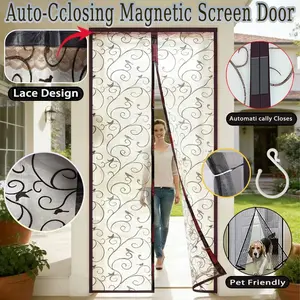 Modern Polyester Mosquito Magnetic Door Curtain, Strong Magnet Automatic Closure, Lace Design, Pet Friendly, Easy Installation