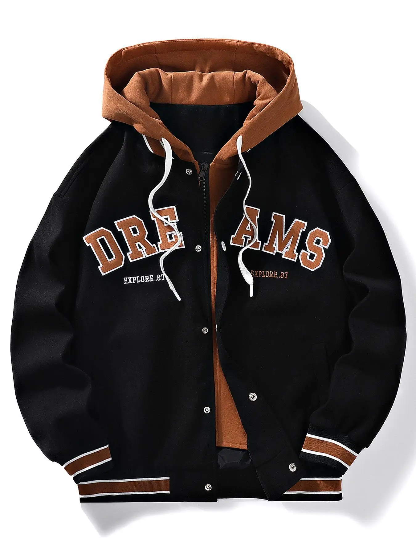 【Plus Size】 Letter Embroidery 2 in 1 Button Front Zipper Hooded Jacket, Casual Regular Fit Drawstring Pocket Drop Shoulder Outerwear for Fall & Winter