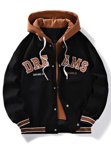 【plus size】 letter embroidery 2 in 1 button front zipper hooded jacket, casual regular fit drawstring pocket drop shoulder outerwear for fall & winter, coat, men's clothes for daily wear