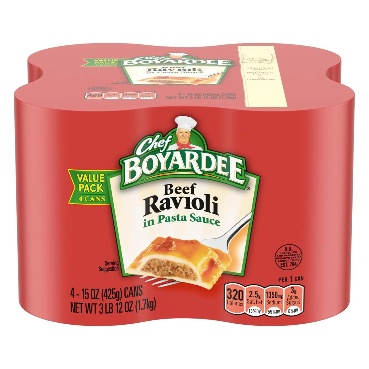 Beef Ravioli Instant Food, 15 oz, 4-Pack Canned Pantry Item