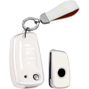 Key Fob Cover Compatible with Nissan Rogue Rogue Select Rogue Sport Sylphy Pulsar Sentra Accessories TPU Silver-Edge Key Case Holder Flip 3 Button with Bling Keychains-Whtie