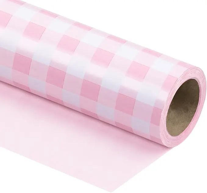 WRAPAHOLIC Pink Reversible Wrapping Paper, Classic Pink & White Plaid Design Gift Wrap Roll for Birthday, Wedding, Baby Shower & Holiday Gifts,17 Inch X 33 Feet