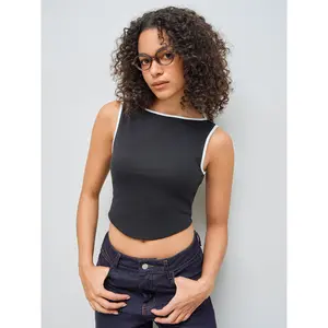 Cider [size 2-10] Cotton-blend Boat Neck Contrasting Binding Crop Tank Top