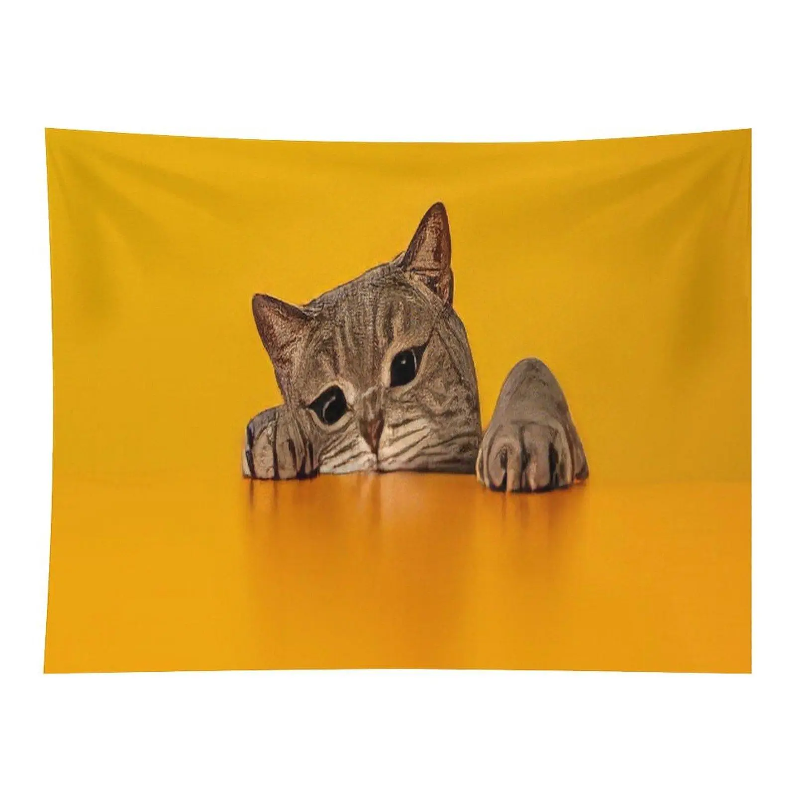 Lazy Tabby Cat Peeking Over Surface Wall Tapestry Cute Sleepy Kitty Bright Yellow Background Art for Room Aesthetic Decor