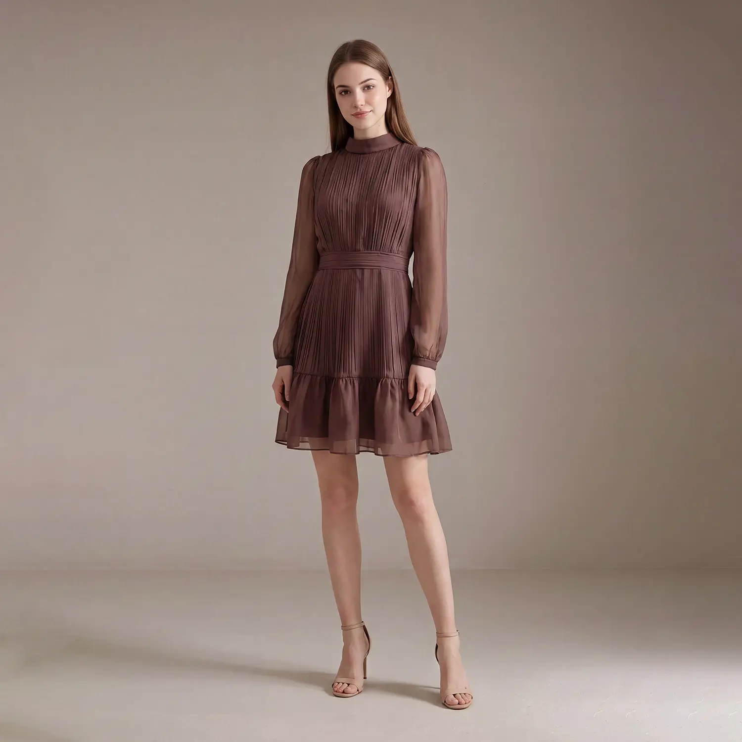 LesLuvra Women's Elegant Polyester Pleated Chiffon Mini Dress - Long Sleeve, Mock Neck, Ruffle Hem