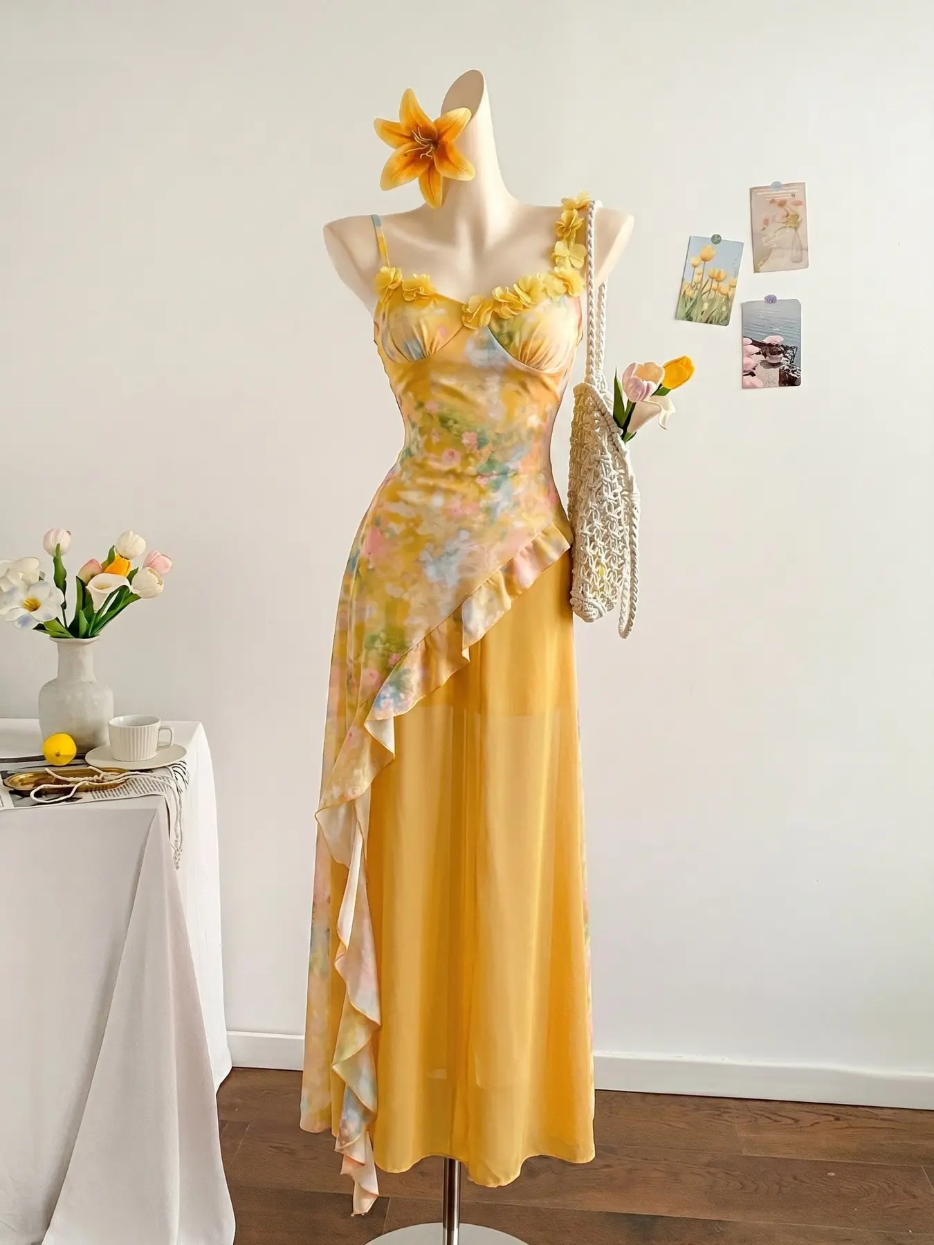 Women's Watercolor Print Floral Halter Long Dress, 3D Flower Embellished Ruffle Slim Fit, Chic Boho Vacation Beach Style, Romantic Wedding, Feminine, Bohemian, Halter Neckline Dress