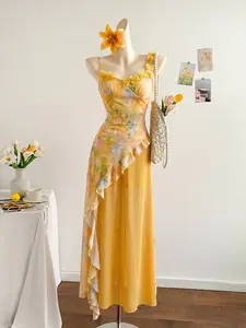 Women's Watercolor Print Halter Long Dress, 3D Flower Embellished Ruffle Slim Fit, Chic Vacation Beach Style, Romantic Wedding
