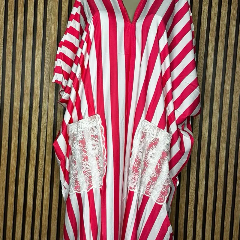 New Fashion Casual Wear Loose V-Neck Sexy Women's Lace Pocket Striped Print Boubou Kaftan Dress, Elegant Summer Beach Resort Robe with Scarf Womenswear