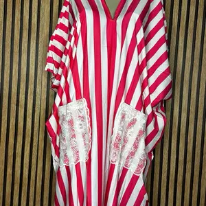 New Fashion Casual Wear Loose V-Neck Sexy Women's Lace Pocket Striped Print Boubou Kaftan Dress, Elegant Summer Beach Resort Robe with Scarf Womenswear