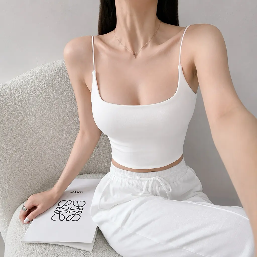 Women's Fitted Scoop Neck Sleeveless Double-Layer Spaghetti Strap Crop Cami Tank Top, Cotton Womenswear with Optional Bra Pads