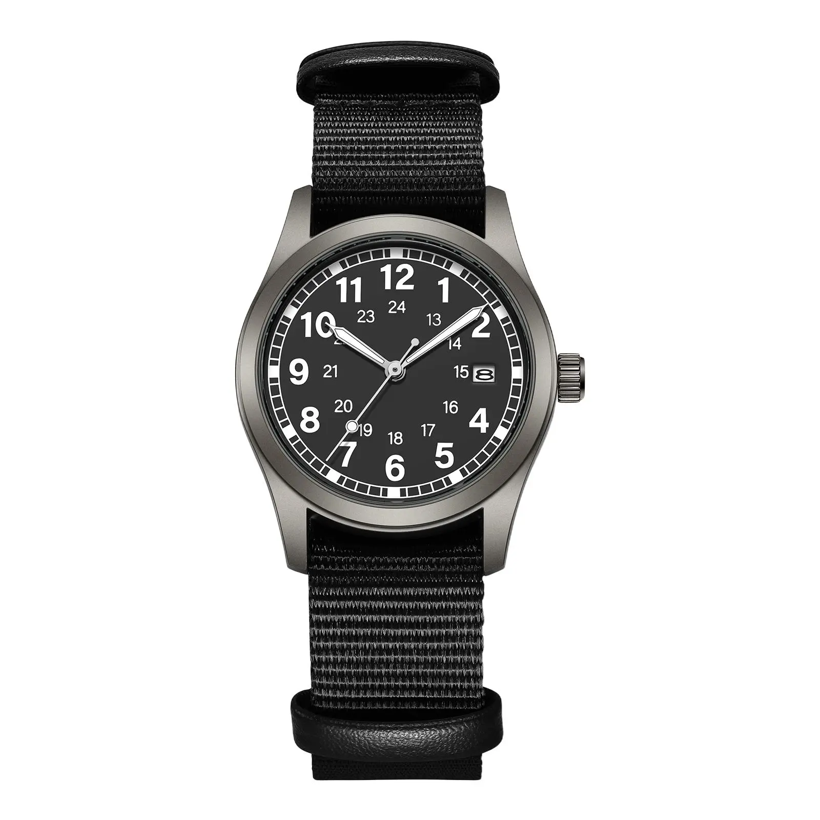 OIDEA Unisex Military Look Nylon Band Quartz Analog Field Watch, 34mm Dial with Calendar Display, Luminous Hands, 24-Hour Time Function