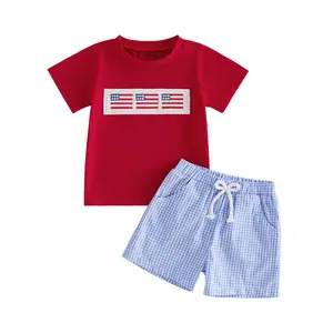Patriotic Toddler Baby Boy 4th of July 2-Piece Outfit - Breathable Cotton Blend Smocked Short-Sleeve T-Shirt with American Flag Embroidery, Skin-Friendly Flag Print Plaid Shorts Set