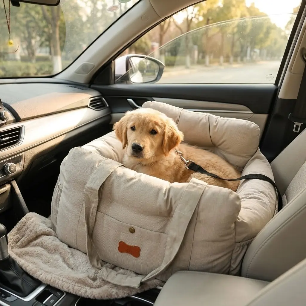 Dog Car Booster Seat for Small-Medium Dogs (Up to 30 lbs/13.6 kg) - Removable Seat Travel Bed with Washable Fabric, Storage Pocket, Safety Belt, Easy Cleaning for Secure Transport