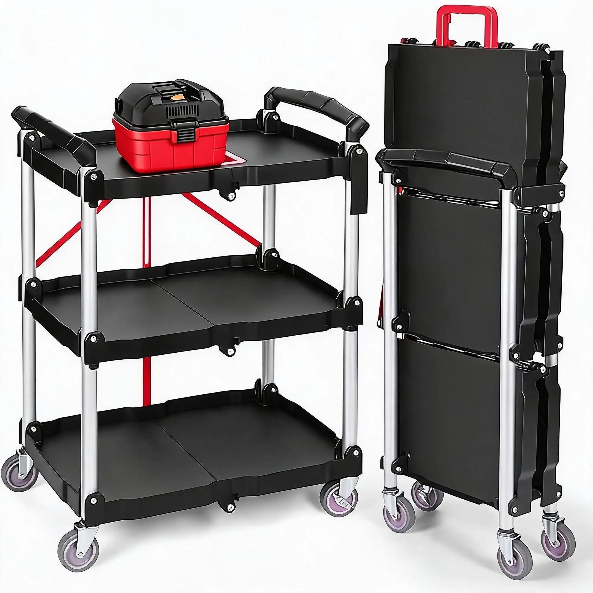Heavy Duty 176 LBS Folding Utility Cart with 360° Swivel Wheels and Ergonomic Red Handle for Office, Garage, Home, and Kitchen Storage