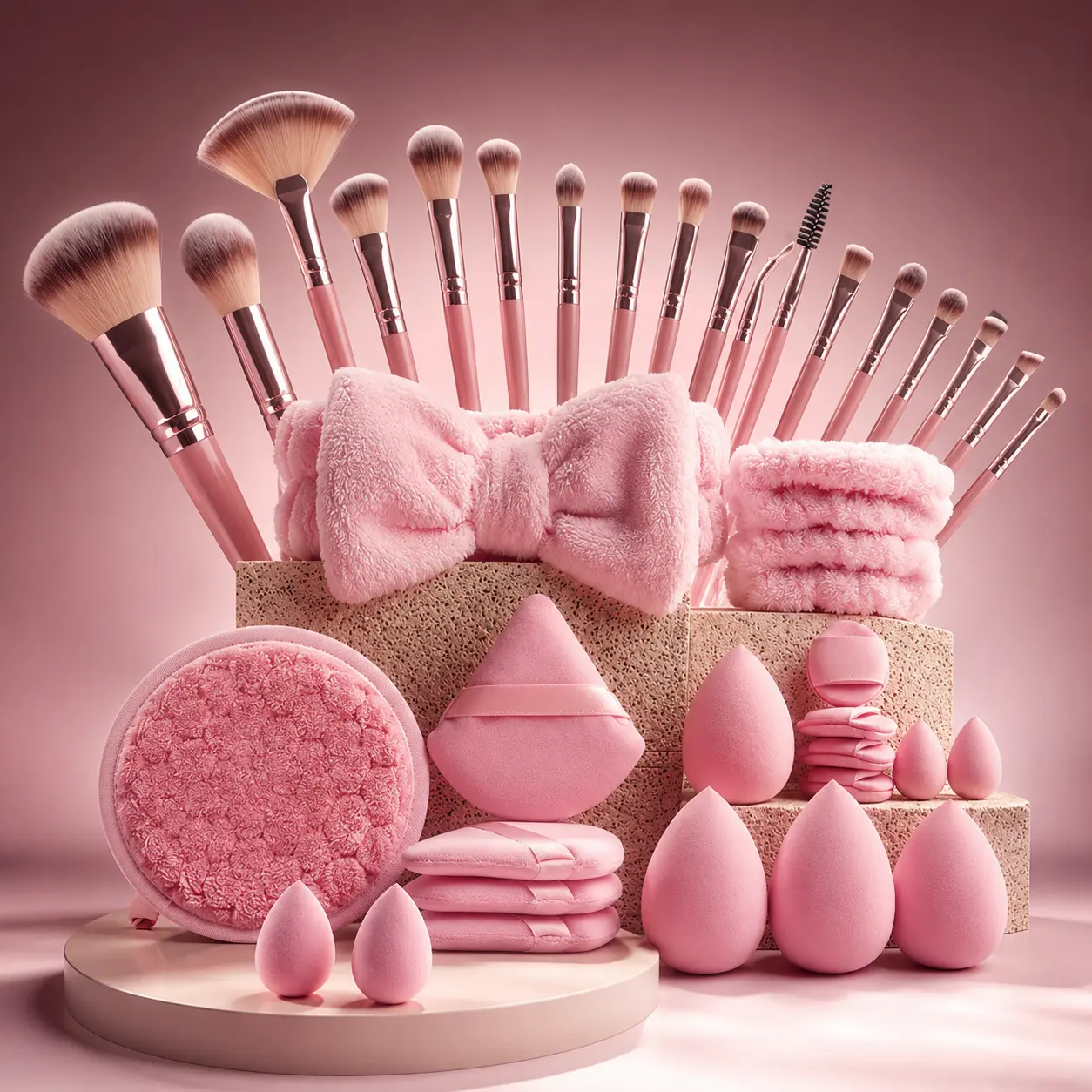 40PCS Professional Full Face Makeup Brush Set All-In-1 Cosmetic Vanity Kit for Daily Makeup, Equipped with Blender Sponge, Powder Puff, Headband & Brush Cleaning Bowl beauty holder Large Snowflake Handheld Mirror