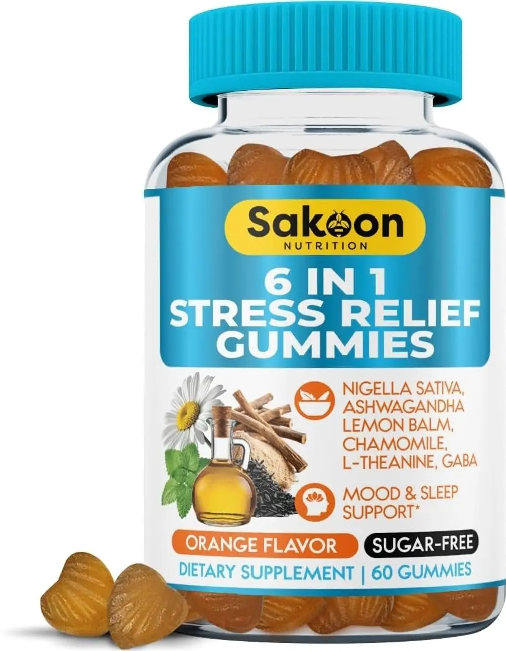 6-in-1 Stress Relief Gummies 60ct - Aids Relaxation with Ashwagandha, GABA, L-theanine, Lemon Balm, Chamomile, Black Cumin Seed Nigella Sativa. Improved Deep Sleep, Joint Support - 60 gummies
