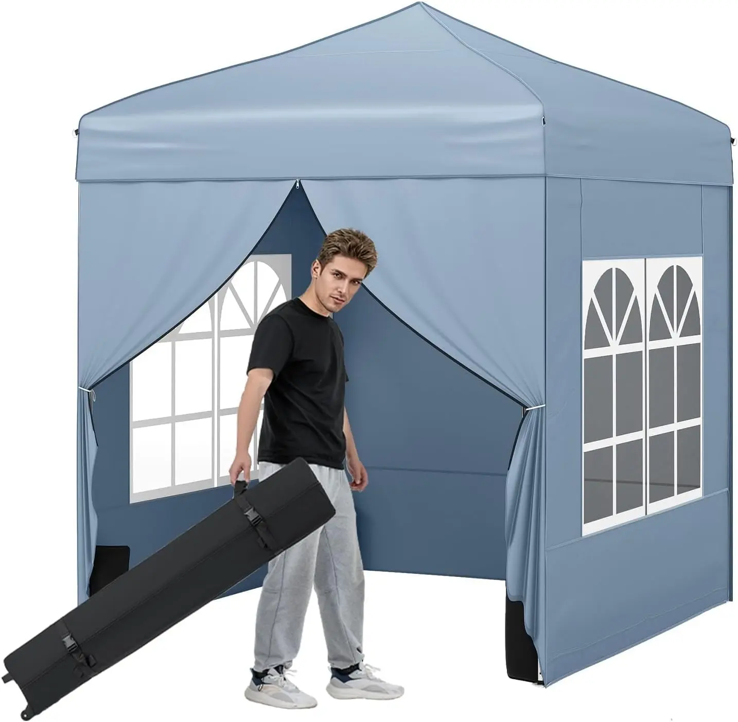 Vallmore 6.5x6.5 Ft Camping Canopy w/ 4 Removable Sidewalls, 2 Zippered Doors + 2 Clear Windows, UPF50+, Carbon Steel Frame, Sandbags + Stakes + Wheeled Bag