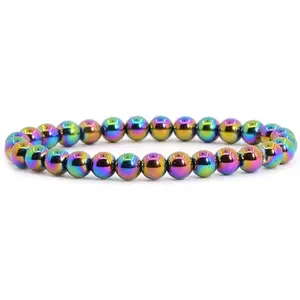Metallic Rainbow Coated Hematite Gemstone 6mm Round Beads Stretch Bracelet 6.5" Unisex