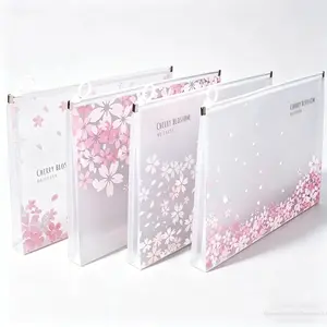 A4 Waterproof Cherry Blossom Zipper Bag, Transparent Pink, Office Travel Organizer