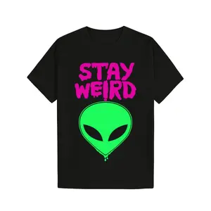Stay Weird Alien UFO Graphic T-Shirt - Black with Neon Green & Pink Print, Soft Regular Fit Short Sleeve Tee for Men & Women, Casual Casual Attire, Machine Washable Unique Gift, Comfortable Round Neck, Adult funny T-shirt, Gift for Woman and Man