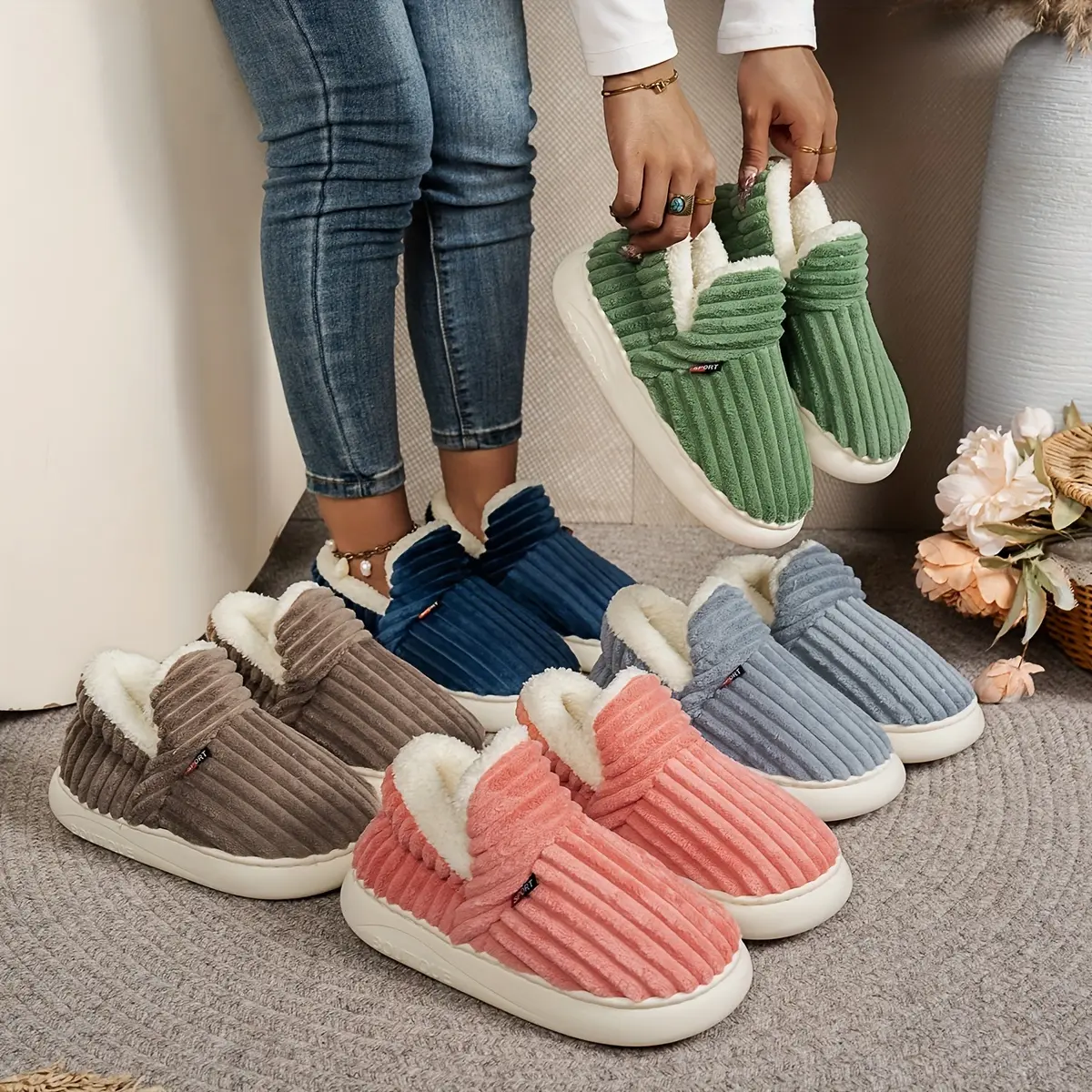 Women's Fluffy Pile Short Boot Walking Slippers - Non-slip, Warm, Thick Soft Bottom Comfort Footwear for Indoor, Outdoor Use, Fabric, Slip On, Walking Shoes