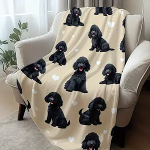 1pc Cute Black Poodle & Hearts Flannel Blanket Shawl - Ultra-Soft Dog-Themed Print - Cozy All-Season Throw for Sofa Lounging, Travel & Naps - 280GSM Skin-Friendly Flannel Fabric