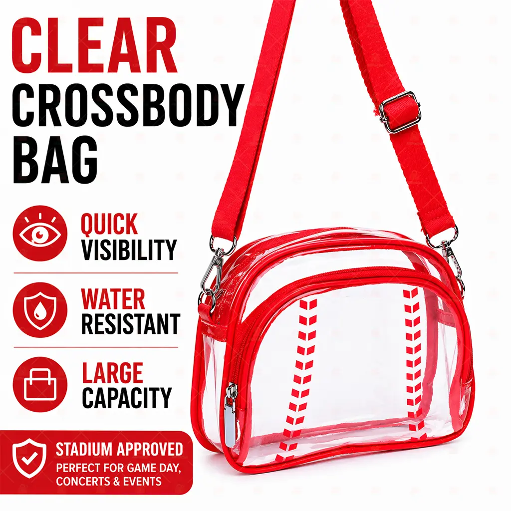 Stadium Approved Clear Football Crossbody Bag, Transparent PVC Event Bag with Adjustable Red Shoulder Strap, Water Resistant Large Capacity Bag for Sports Games Concerts Festivals Travel