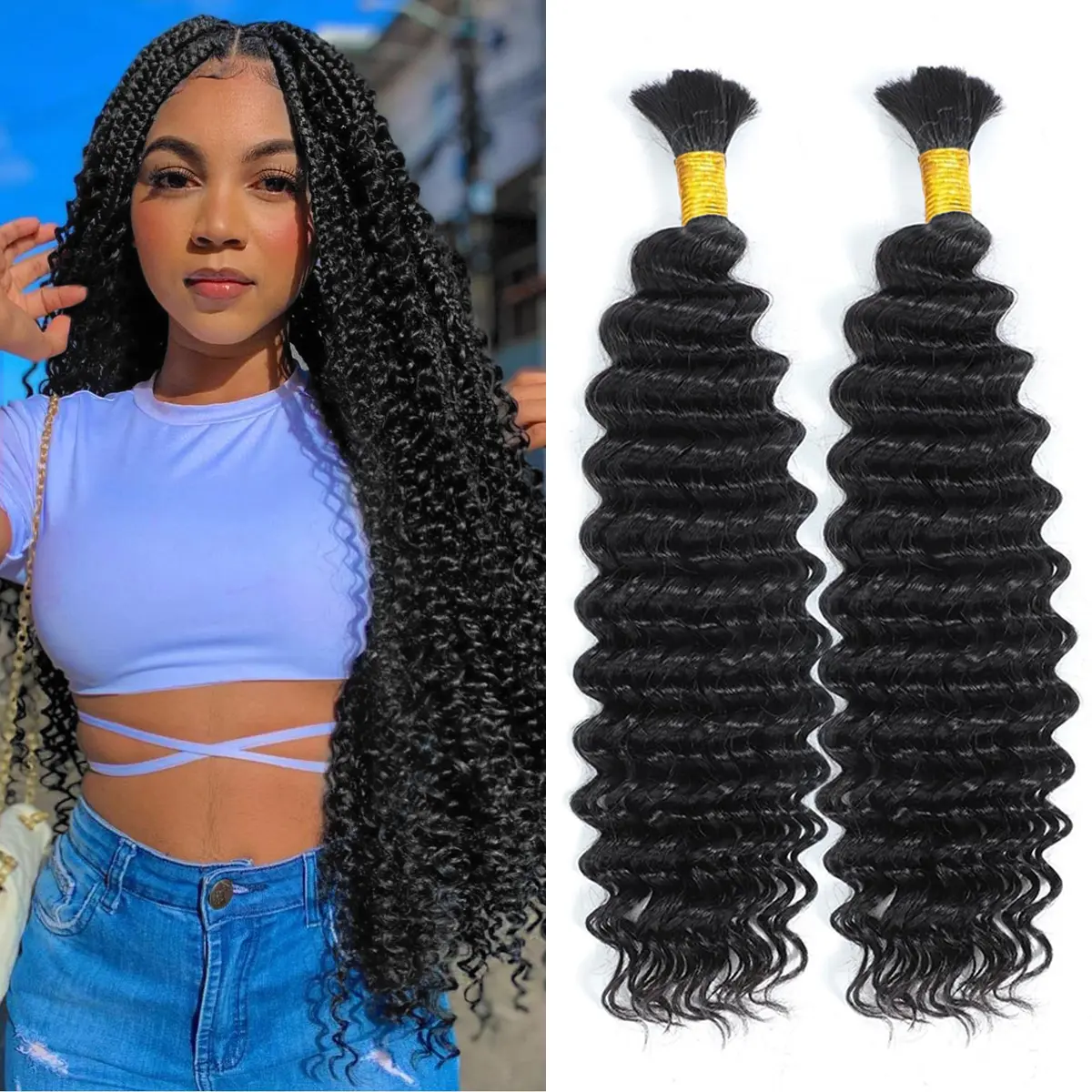 Human Braiding Hair 100g Deep Wave Bulk Human Hair for Braiding No Weft Brazilian Virgin Human Hair Bundles Curly Hair Extensions for Boho Braids Wet and Wavy Bundles Natural Black