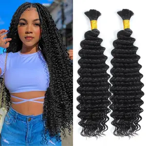 Human Braiding Hair 100g Deep Wave Bulk Human Hair for Braiding No Weft Brazilian Virgin Human Hair Bundles Curly Hair Extensions for Boho Braids Wet and Wavy Bundles Natural Black
