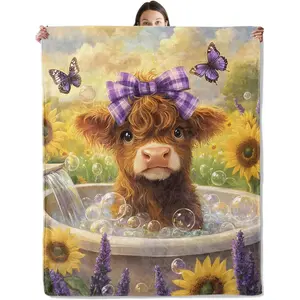 Highland Cow with Bow Blanket, Cozy Flannel Calf Bubble Bath Throw Blanket for Couch Outdoor, Plush Soft Lightweight Travel Blankets for Bed Decor and Gifts, for Women Adults Kids